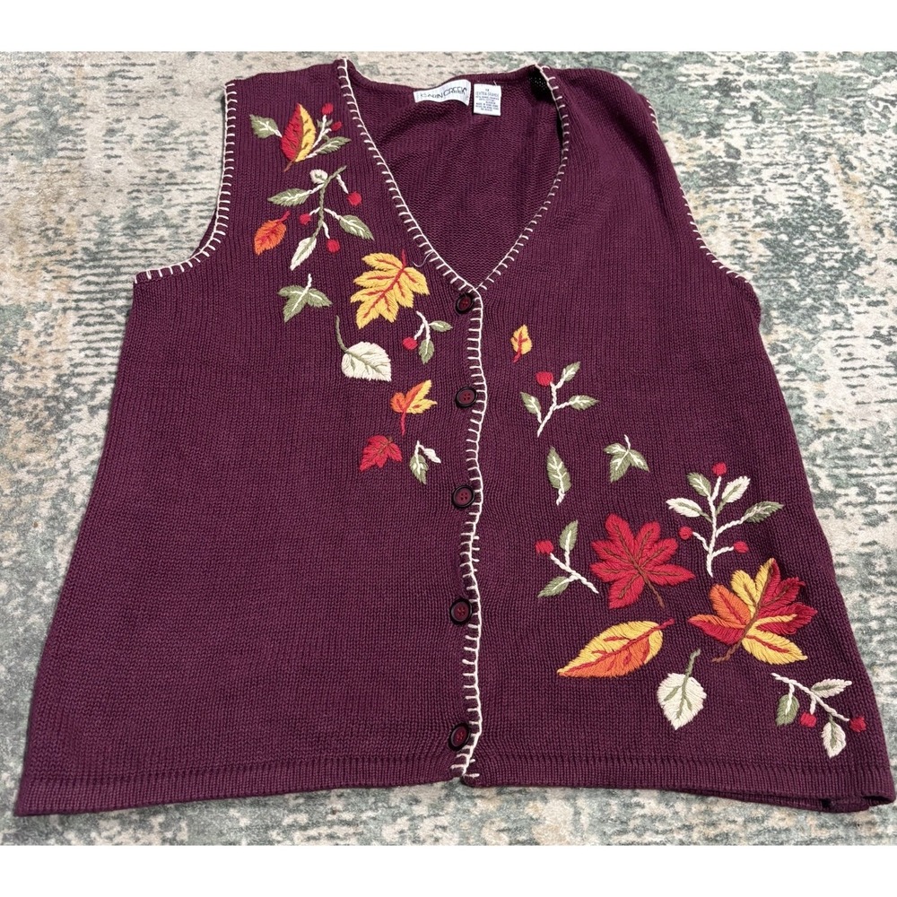 Vintage Cabin Creek Sweater Vest Large Embroidered Fall Leaves Autumn 1X